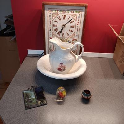 NEEDLEPOINT ELECTRIC CLOCK, WASH BOWL AND PITCHER, PAPER WEIGHT AND MORE