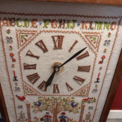 NEEDLEPOINT ELECTRIC CLOCK, WASH BOWL AND PITCHER, PAPER WEIGHT AND MORE