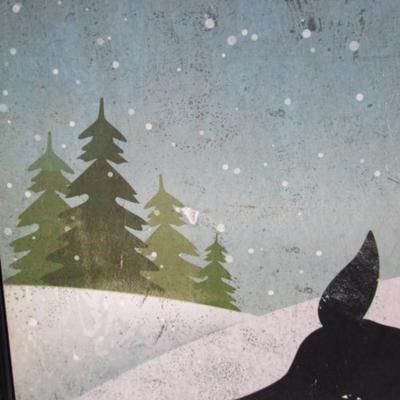 Black Dog Ski Co. poster with skiing dog, framed