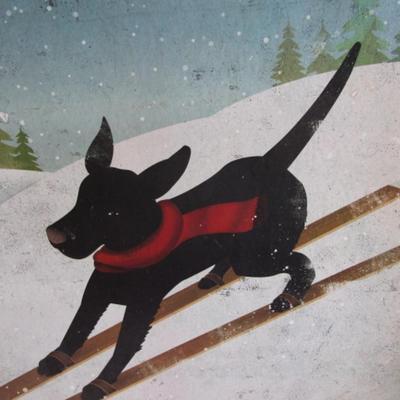 Black Dog Ski Co. poster with skiing dog, framed