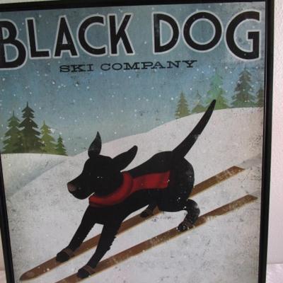 Black Dog Ski Co. poster with skiing dog, framed