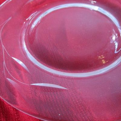 Vintage china teacup, 2 saucers, 1 etched glass bread plate