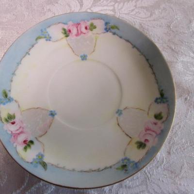 Vintage china teacup, 2 saucers, 1 etched glass bread plate