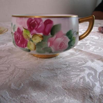 Vintage china teacup, 2 saucers, 1 etched glass bread plate