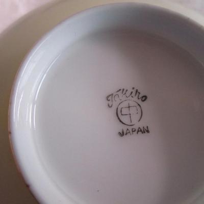 Vintage china teacup, 2 saucers, 1 etched glass bread plate