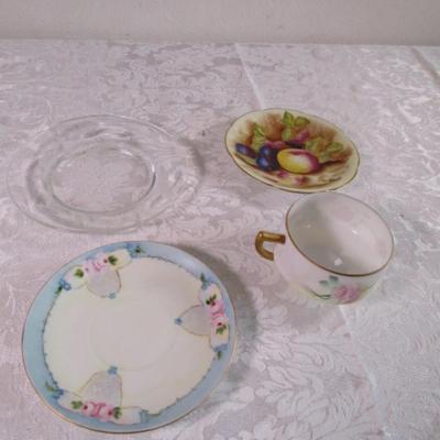 Vintage china teacup, 2 saucers, 1 etched glass bread plate