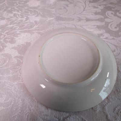 Vintage china teacup, 2 saucers, 1 etched glass bread plate