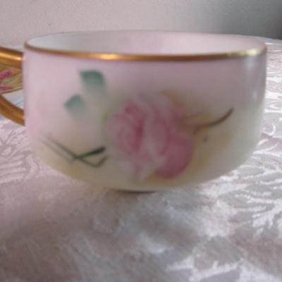 Vintage china teacup, 2 saucers, 1 etched glass bread plate
