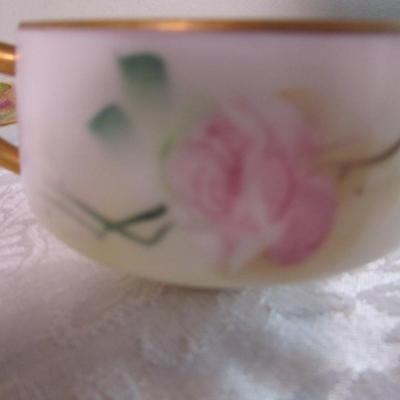 Vintage china teacup, 2 saucers, 1 etched glass bread plate