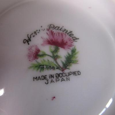 Vintage china teacup, 2 saucers, 1 etched glass bread plate