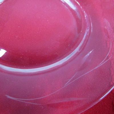 Vintage china teacup, 2 saucers, 1 etched glass bread plate