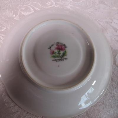 Vintage china teacup, 2 saucers, 1 etched glass bread plate