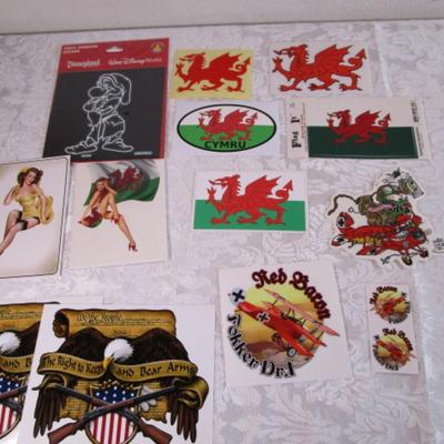 Various stickers and 1 postcard