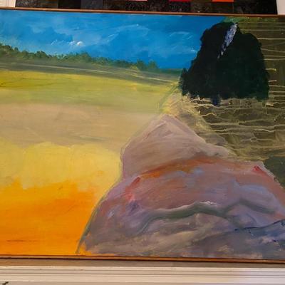 Large abstract Lanscape or seascape painting, trees, orange, yellow, green, blue and black!