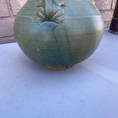 MCM Frogs Hand Thrown Studio Pottery Vase with sculpted Frogs