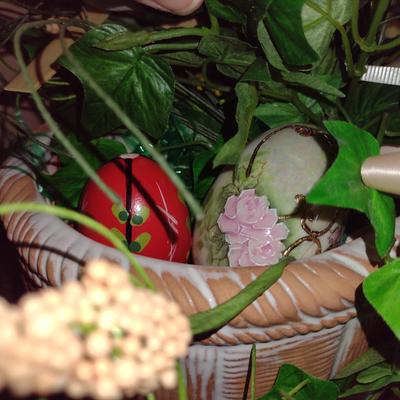 Terra Cotta Basket with Hand Painted Porcelain and Wooden Eggs