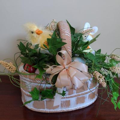 Terra Cotta Basket with Hand Painted Porcelain and Wooden Eggs