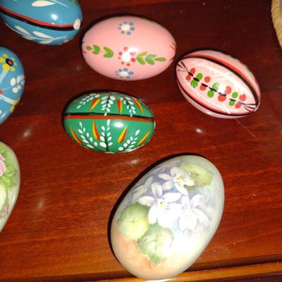 Terra Cotta Basket with Hand Painted Porcelain and Wooden Eggs
