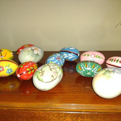 Terra Cotta Basket with Hand Painted Porcelain and Wooden Eggs