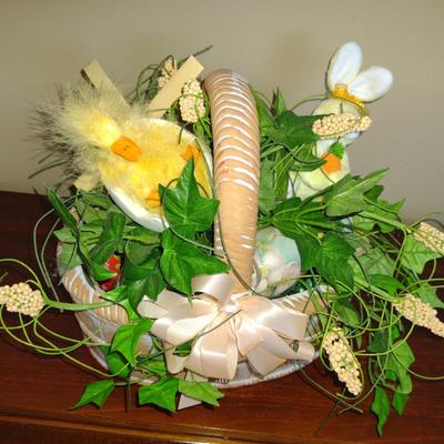 Terra Cotta Basket with Hand Painted Porcelain and Wooden Eggs