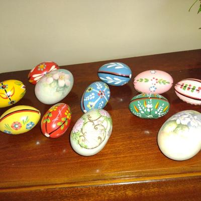 Terra Cotta Basket with Hand Painted Porcelain and Wooden Eggs