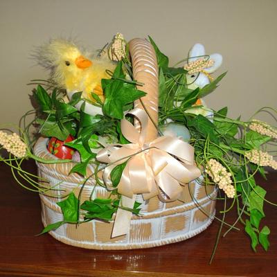 Terra Cotta Basket with Hand Painted Porcelain and Wooden Eggs