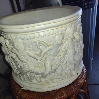 Glazed Ceramic Planter with Cherub Design- Approx 11" in Diameter