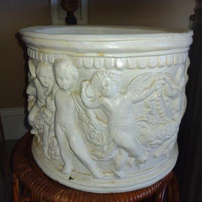Glazed Ceramic Planter with Cherub Design- Approx 11" in Diameter