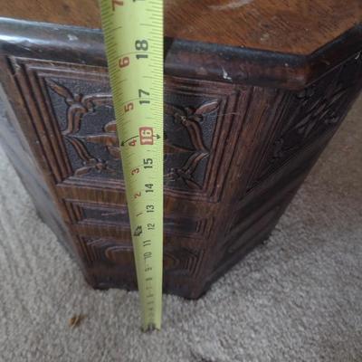 Vintage Wood Carved Relief Hexagonal Side Table