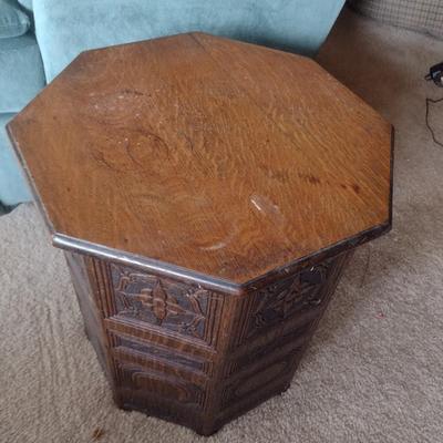 Vintage Wood Carved Relief Hexagonal Side Table