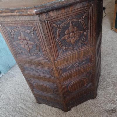 Vintage Wood Carved Relief Hexagonal Side Table