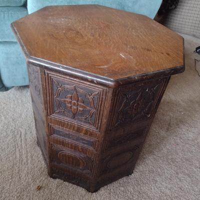 Vintage Wood Carved Relief Hexagonal Side Table