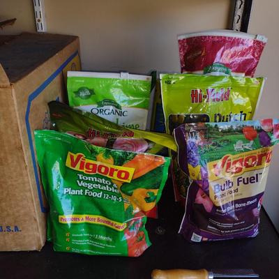 Assorted Gardening Solutions- Fertilizer, Weed Control, etc.- Contents of Shelf- Shelf Not Included