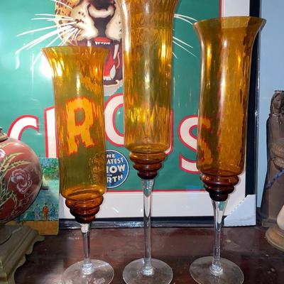 SEt of 3 Vintage amber tall vase art glasses