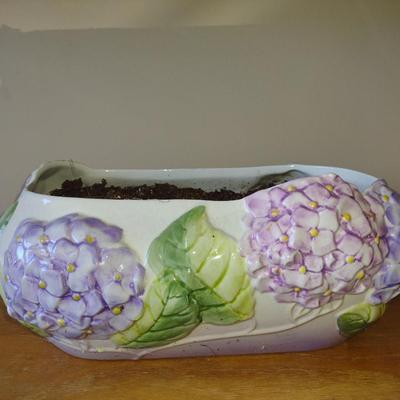 Hand Painted Ceramic Flower Planter Pot with Hydrangea Design- Approx 13 1/2" Wide