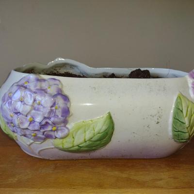 Hand Painted Ceramic Flower Planter Pot with Hydrangea Design- Approx 13 1/2" Wide
