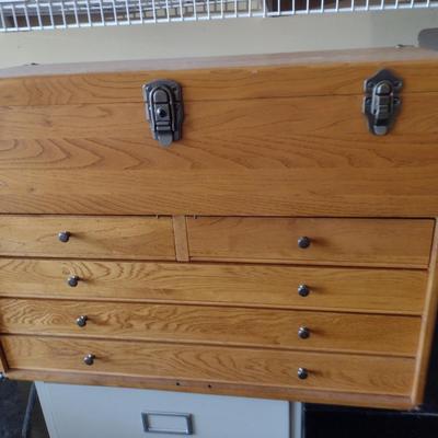 Wooden Machinist's Tool Box Chest- Approx 26" Wide, 11" Deep, 18 3/4" Tall