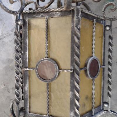 Vintage Metal and Stained Glass Hanging Light- Approx 24" Long, 12" Wide