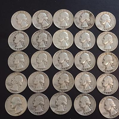 Set of 25 1940's-50's U.S. Mint Washington Silver Quarters Circulated (61)