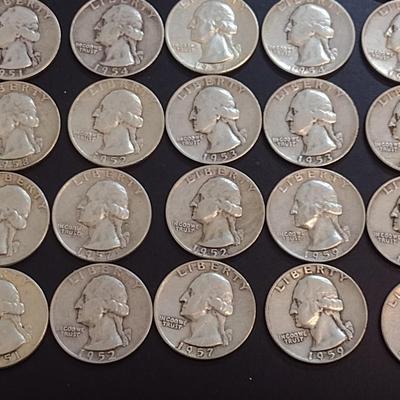 Set of 25 1940's-50's U.S. Mint Washington Silver Quarters Circulated (61)