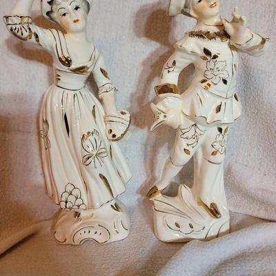 Vintage Yoko Boeki Japan White and Gold Porcelain Man Woman Musician Figurines