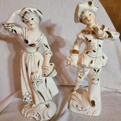 Vintage Yoko Boeki Japan White and Gold Porcelain Man Woman Musician Figurines