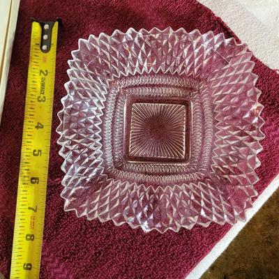 vintage Indiana Glass ruffled sawtooth edge candy dish, likely from the mid-20th century.