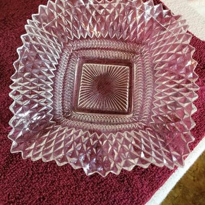 vintage Indiana Glass ruffled sawtooth edge candy dish, likely from the mid-20th century.