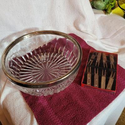 Silver plated serving bowl and vintage corn holders