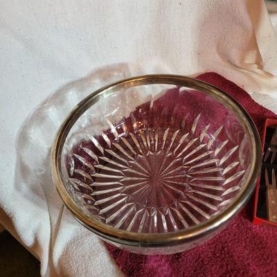 Silver plated serving bowl and vintage corn holders