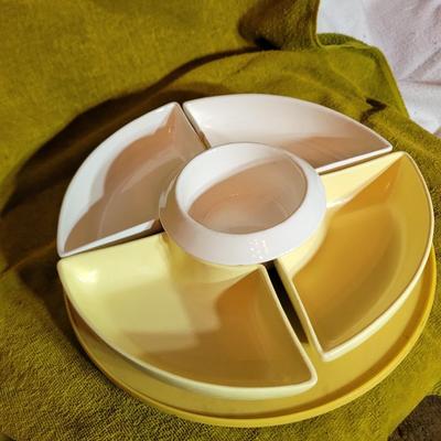 Relish tray with center dip bowl on lazy susan