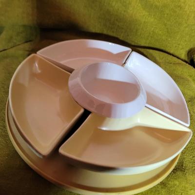 Relish tray with center dip bowl on lazy susan