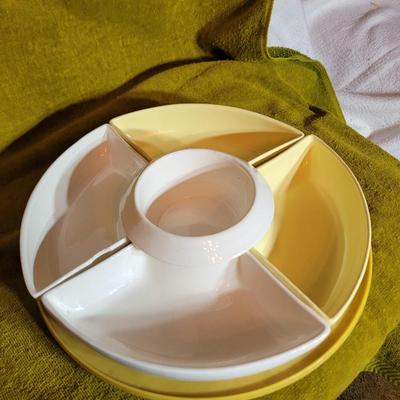 Relish tray with center dip bowl on lazy susan