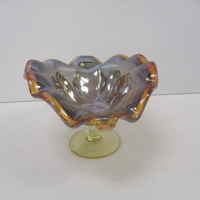 White Crystal Handmade In Italy Iridescent Bowl On Pedestal Approx 5 5/8" Tall
